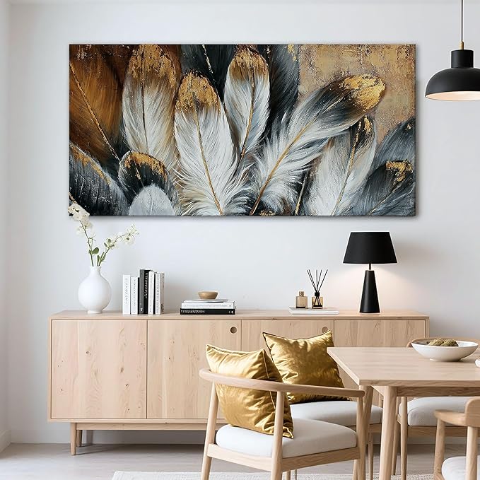 Mofutinpo Feather Wall Art Modern Living Room Bedroom Wall Decoration Large Giclee Print Canvas Painting Artwork for Home Decor One Piece White Gold Brown Feather Picture Ready to Hang 24x48 Size