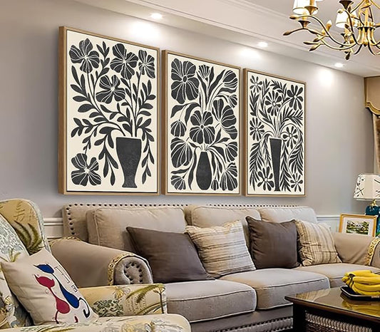 arteWOODS Botanical Framed Wall Art - Neutral Abstract Pictures Vintage Boho Floral Wall Decor Black Beige Minimalist Prints Aesthetic Vase Flowers Painting Artwork 16" x 24" Set of 3 Natural Framed