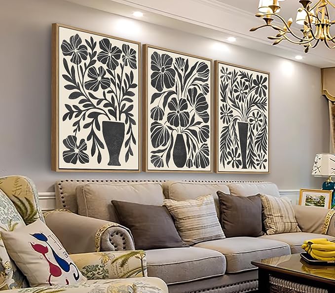 arteWOODS Botanical Framed Wall Art - Neutral Abstract Pictures Vintage Boho Floral Wall Decor Black Beige Minimalist Prints Aesthetic Vase Flowers Painting Artwork 20" x 28" Set of 3 Natural Framed