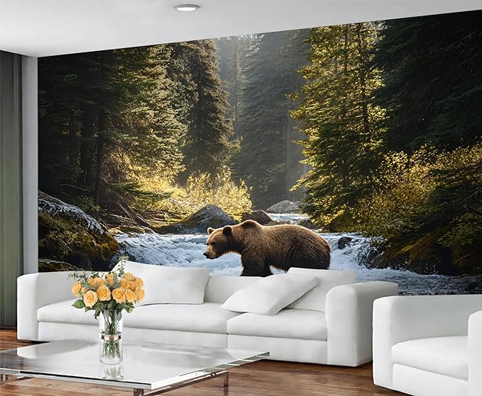 Brown Bear Mural Wallpaper, Forest Bear Murals, Natural Landscape Murals, Wallpaper for Living Room Bedroom Boy Girl Room Home Decor Mural (Not Peel Stick)