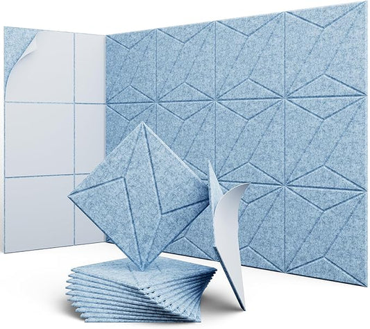 12 Pack 12" X 12" X 0.4" Acoustic Panels for Wall Sound Absorbing, P-Stripes Square Self-Adhesive Sound Panels, High Density Suitable for Multiple Scenarios(Light Sky Blue)