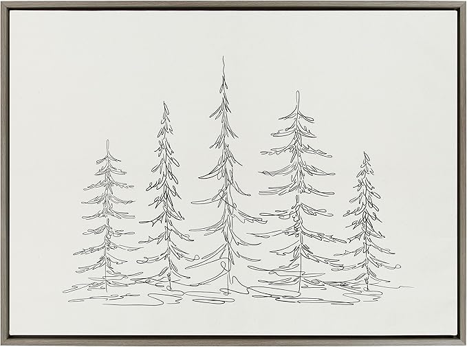 Kate and Laurel Sylvie Minimalist Evergreen Trees Sketch Framed Canvas Wall Art by The Creative Bunch Studio; 28x38 Gray; Modern Minimal Tree Line Wall Art