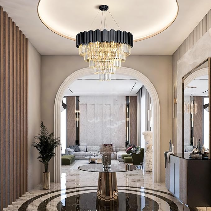 5-Tier 27.5" Black Chandelier, 9-Light Modern Crystal Chandelier, Luxury Round K9 Crystal Chandeliers Pendant Light Fixture for Dining Room, Living Room, Bedroom, Foyer, Entryway, Kitchen, Restaurant