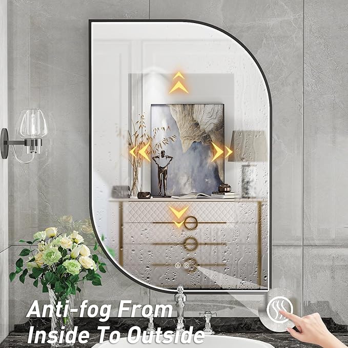 24X32 Inch LED Mirror for Bathroom with Lights,Black Frame Lighted Irregular Wall Mirror,Asymmetrical Vanity Mirror,Anti-Fog,Dimmable