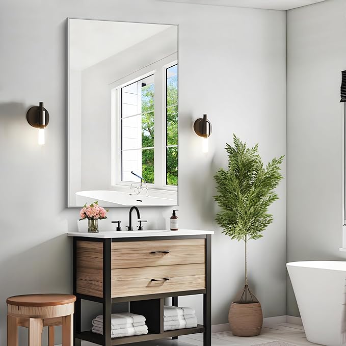 KOCUUY Silver Bathroom Mirror, 48"x30" Rectangle Bathroom Mirror for Wall, HD Tempered Glass, Anti-Rust Brushed Silver Frame, Modern Design for Bathroom, Bedroom, Living Room, Entryway.