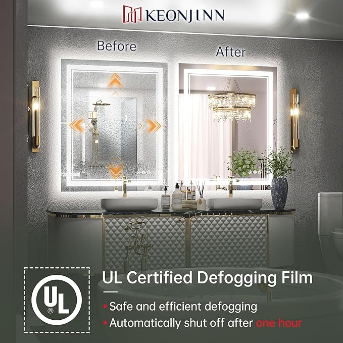 Keonjinn LED Bathroom Mirror 30 x 36 Inch with Front and Back Light, Stepless 3 Colors Temperature & Dimmable Backlit Mirror, UL Listed LED Driver, Double Lights Tempered Glass LED Wall Vanity Mirror