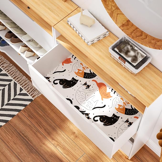 Cat Peel and Stick Wallpaper Boho Leaf Contact Paper Cute Animal Removable Self Adhesive Waterproof Wall Paper for Cabinet Drawers Wall Decor Renter Friendly 17.5''x118''
