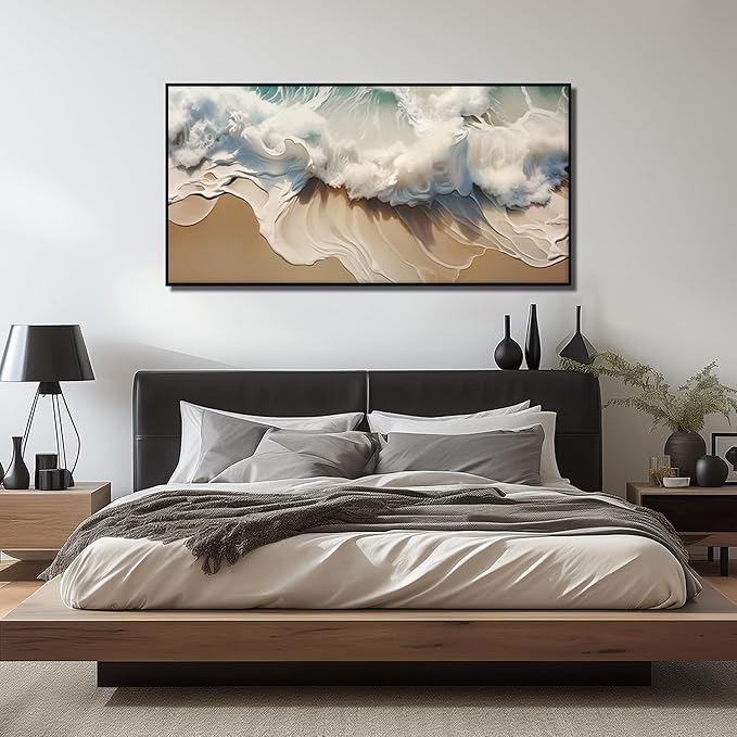 Ocean Waves Canvas Wall Art with Black Frame, Beach Scenery View Home Decor Picture, Sea Waves Canvas Wall-Decoration for Living Room, Seaside Scene Large Decorative Print Artwork for Bedroom 59"x29"