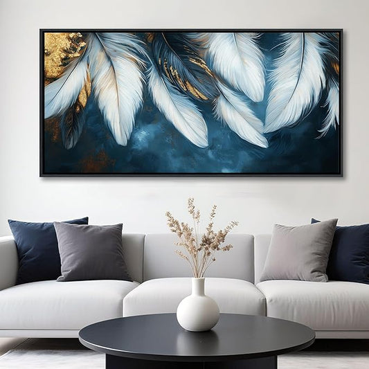 Mofutinpo Blue and Gold Wall Art Framed Navy Blue Decor for Living Room Feather Canvas Art Wall Decor, Blue Bedroom Wall Decor Above Bed Pictures, Painting - Artwork for Walls 29×58IN