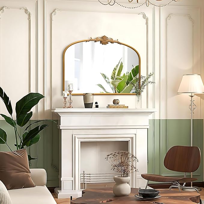 Antique Arched Gold Mirror: 32"x24" Large Gleaming Gold Antique Wall Mounted Mirror - Baroque Traditional Ornate for Fireplace/Bathroom/Living Room - Home Decor for Housewife