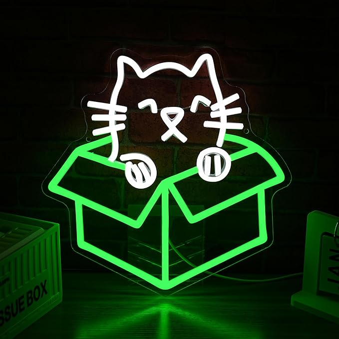 Cat Neon Sign with Usb Power Dimmable Green White Cat Box Led Light Sweet Kitten Led Sign for Bedroom Cafe Pet Shop Nursery Wall Decor(12.6 * 12.6 in)