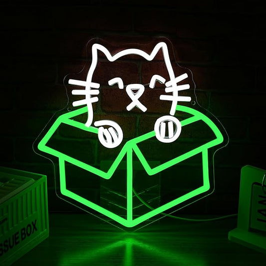 Cat Neon Sign with Usb Power Dimmable Green White Cat Box Led Light Sweet Kitten Led Sign for Bedroom Cafe Pet Shop Nursery Wall Decor(12.6 * 12.6 in)
