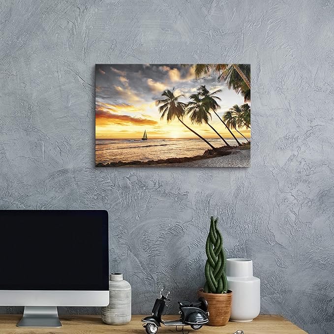 Coastal Wall Art Canvas Decor: Beach Scene Sunset Picture Ocean Sea Tropical Palm Tree Print Seascape Sailboat Painting Seaside Seashore Landscape Artwork for Bathroom Living Room 24 x 16 Inch
