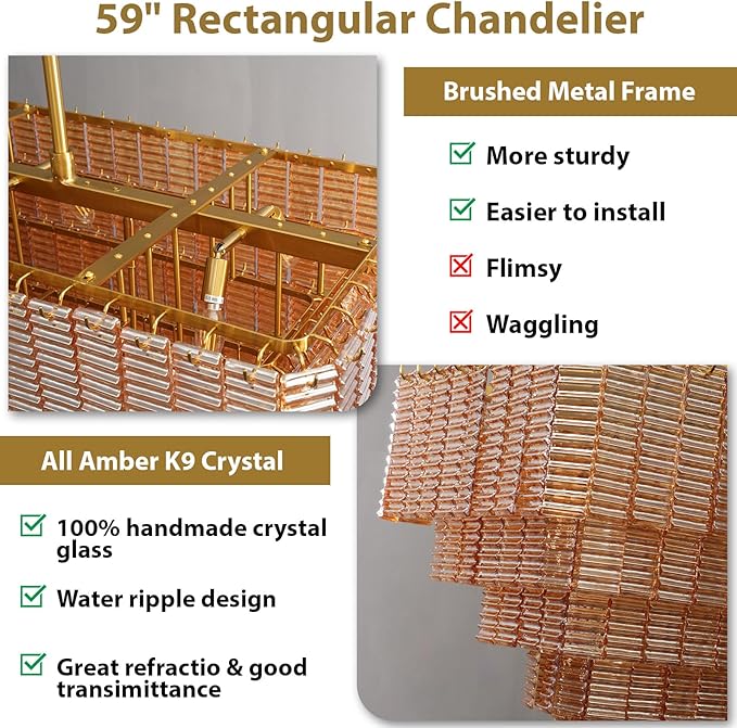 Large Chandelier for Dining Room, 59" 11-Light Amber Rectangular Chandeliers for High Ceilings, Modern Gold Kitchen Island Hanging Light Fixture for Living Room, Dining Room, Kitchen Island, Foyer