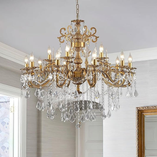 Antique Bronze Crystal Chandeliers, Luxury Gold Candle Pendant Ceiling Light Fixture, 15 Lights Golden Crystal Chandelier for Dining Room, Living Room, Bedroom, Kitchen Island, Hallway