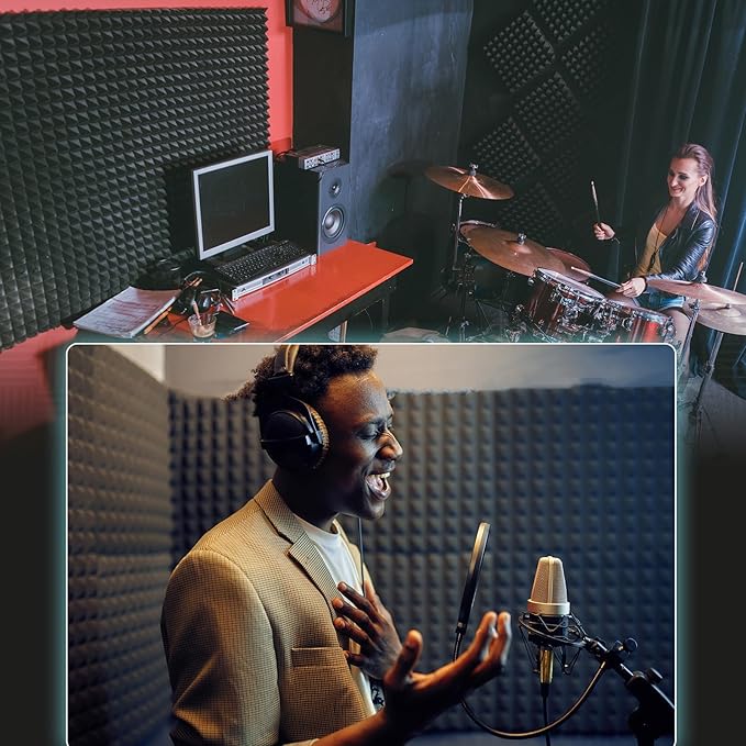 JBER 24Pack Pyramid sound proof foam panels, 2" X 12" X 12" Self-Adhesive Acoustic Wall Paddings for Home Office Studios (Black)