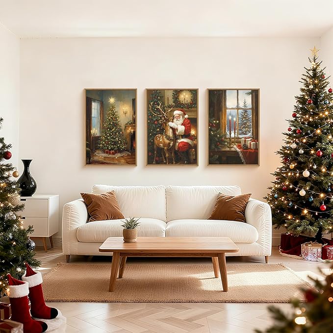 Ausril Vintage Christmas Wall Art Set of 3, Santa Reindeer Snowy Painting, Lit Tree Candle Window Artwork for Living Room, Bedroom, Fireplace, Xmas Gifts for Home Decoration 16×24 inch