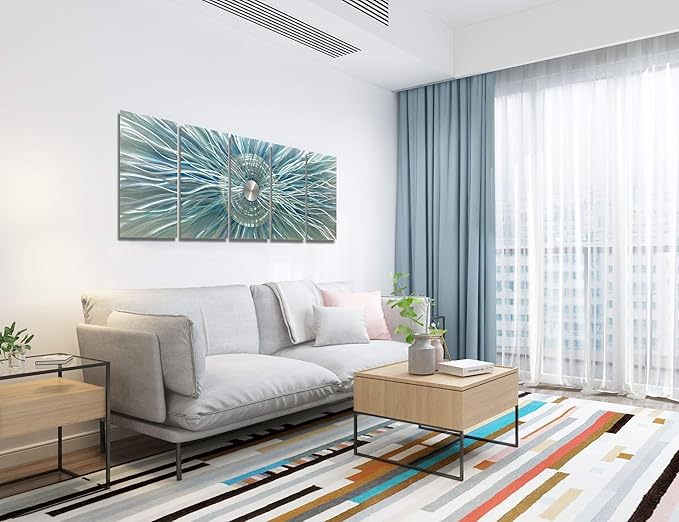 BATRENDY ARTS Abstract Metal Wall Art Aqua and Silver Aluminium Painting Modern 3D Teal Sculpture for Livingroom Bedroom