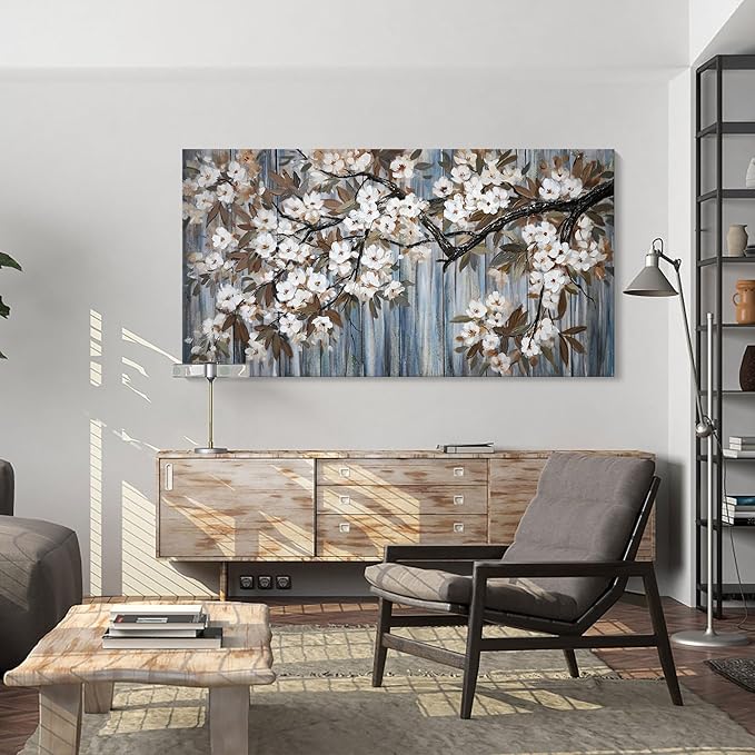 Large Canvas Wall Art for Living Room Wall Decor Abstract White Flower Tree with Gray Driftwood Picture Modern Framed Canvas Prints Artwork Ready to Hang for Bedroom Home Wall Decoration size 29x58