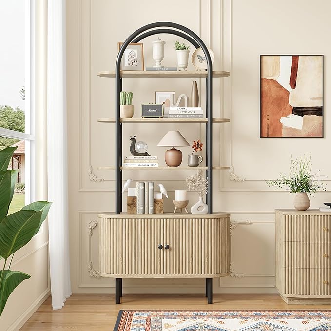 71" Tall Bookshelf, Bookcase, 4-Tier Book Shelf with Storage Cabinet, Curved Metal Frame Bookcase, Freestanding Industrial Storage Display Shelving for Living Room Office Bedroom, Natural