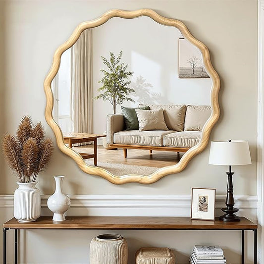 Circle Wood Mirrors for Wall, Wavy Round Bathroom Scalloped Mirror Wooden Frame 24 Inch for Living Room Farmhouse Bedroom Hallway Entryway Living Room with Shatterproof Glass Wall Mounted