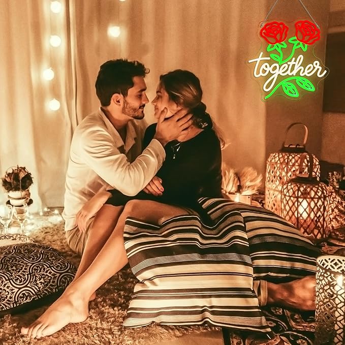 Looklight Together Neon Sign Wedding Neon Signs for Wall Decor Flower Light Happy Anniversary Sign Rose Wall Decor Led Lights for Anniversary Celebration Wedding Party Bedroom Home Decorations Gifts
