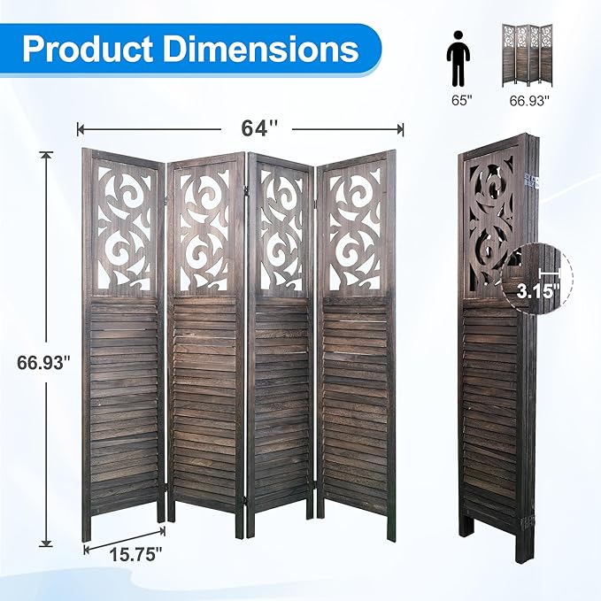 2 PCS Room Dividers 4 Panel Room Divider 5.6FT Wood Carved Room Dividers, Folding Privacy Screens Portable Freestanding Partition Wall Dividers for Bedroom, Office, Rustic Brown