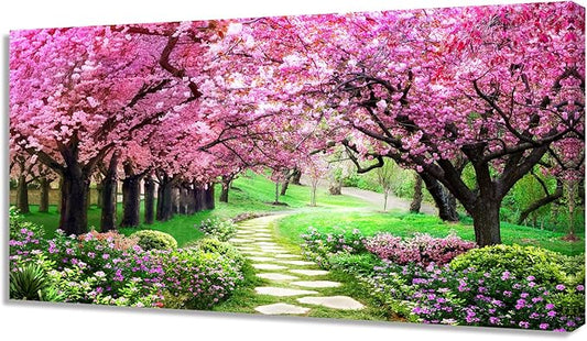 Aibonnly Canvas Wall Art Painting Pink Cherry Blossoms 1 Piece Park Tree Forest Wallpaper Spring landscape Picture Poster Print Framed and Stretched Ready to Hang for Living Room Bedroom Artwork