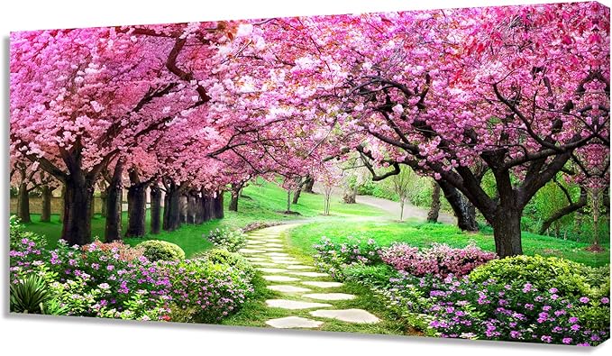 Aibonnly Canvas Wall Art Painting Pink Cherry Blossoms 1 Piece Park Tree Forest Wallpaper Spring landscape Picture Poster Print Framed and Stretched Ready to Hang for Living Room Bedroom Artwork