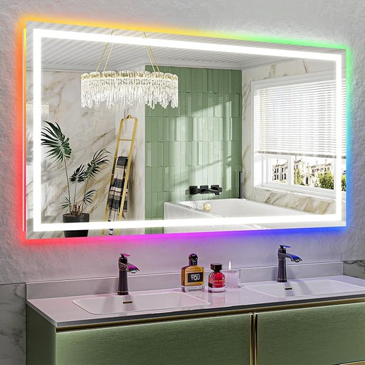 65x36 Inch RGB LED Bathroom Mirror Front Light and RGB Backlit Lighted Vanity Mirror for Bathroom Wall Mounted Dimmable Anti Fog Memory Shatter-Proof IP54 Waterproof Horizontal/Vertical