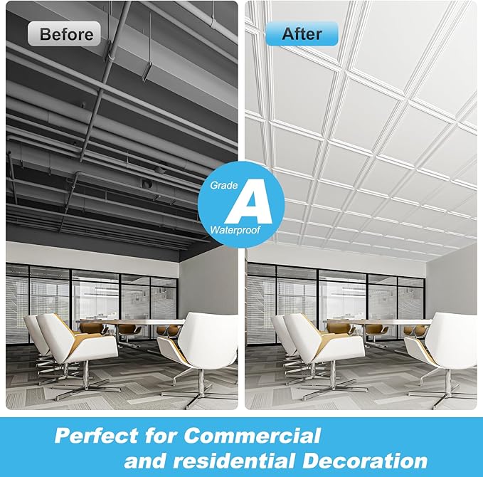 Art3d Drop Ceiling Tiles 48x24, Decorative PVC Ceiling Panels, Waterproof Rustproof and Durable 12-Pack, Glue Down, Rectangular Black