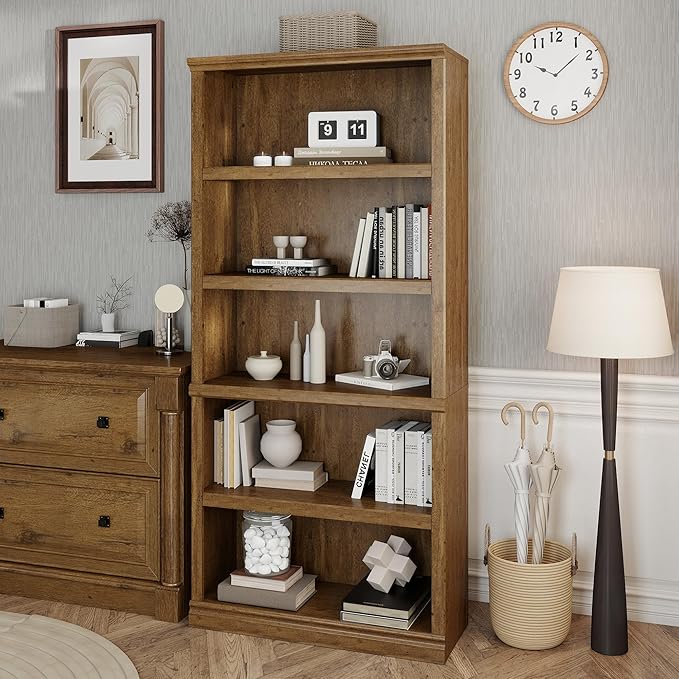 70 in Tall Bookcase, White Bookshelf Open Storage 5-Tier Shelves, 33 inch Wide Floor Standing Indoor Furniture, Book Cases for Home School Library Office Bedroom Kids, Vintage Oak 5 Tiers