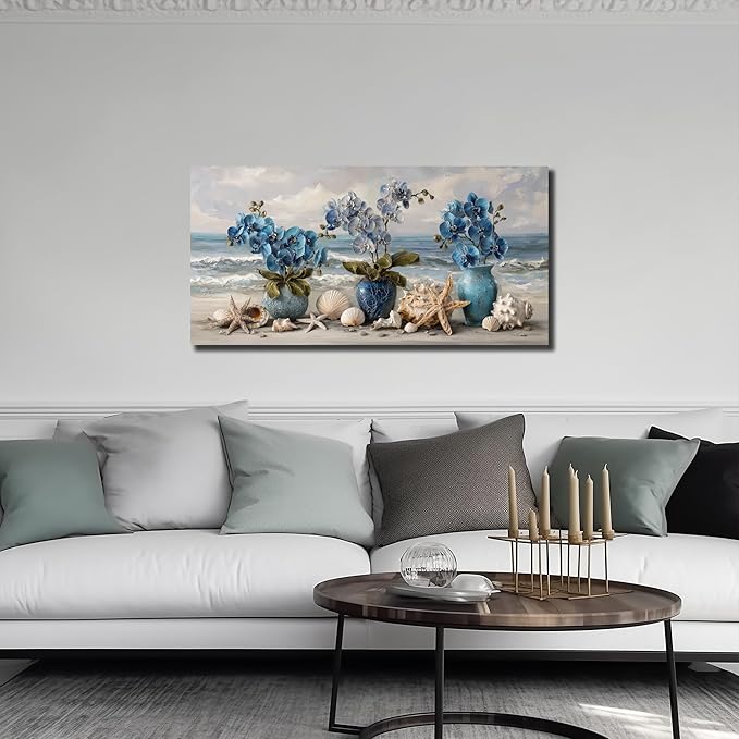 Blue Wall Art Beach Ocean Wall Decor Flower Canvas Art Coastal Seascape Pictures Floral Vase Poster Starfish Conch Shell Print Art for Bedroom Bathroom Living Room Office 20"x 40"