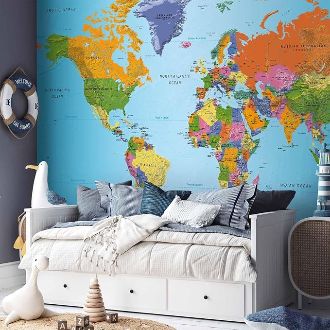 artgeist Wall Mural World Map 193x138 in - XXL Peel and Stick Self-Adhesive Wallpaper Removable Large Sticker Foil Wall Decor Print Picture Image Design Map of The World k-A-0095-a-a