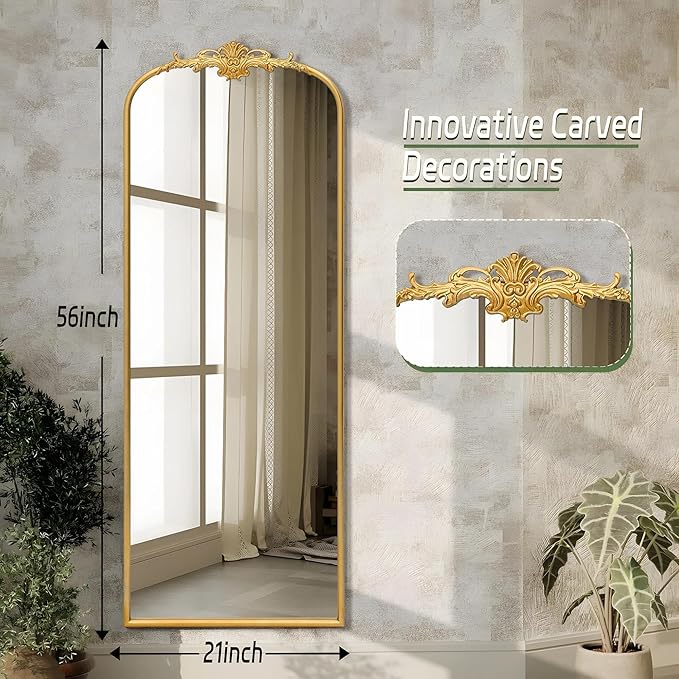 Antique Full Length Mirror: 21"x56" Gleaming Gold Arched Full Body Mirror - Floor Vintage Baroque Traditional Ornate for Entryway/Cloakroom/Bedroom - Home Decor for Interior Designers