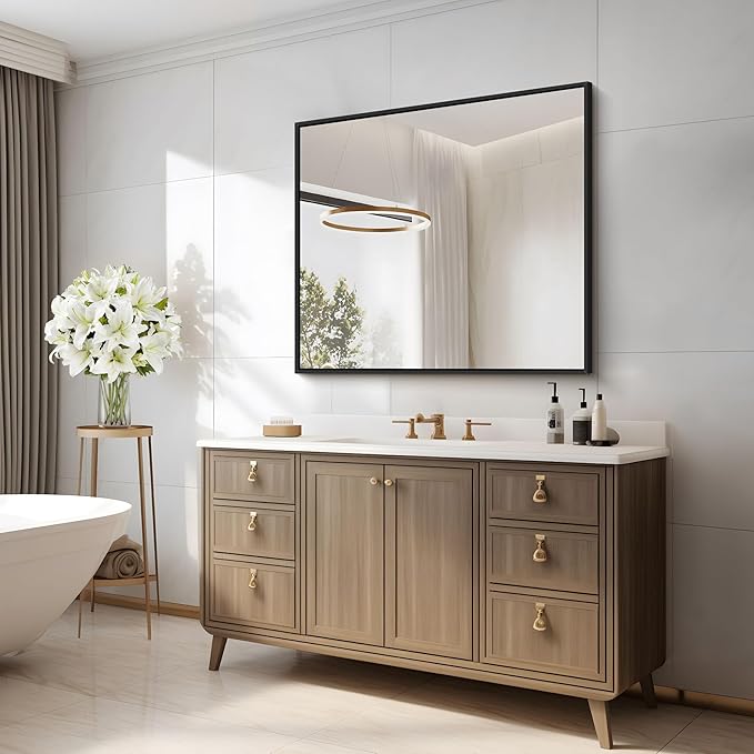 Black Bathroom Mirror for Wall, 30x30 Inch Rectangle Mirrors with Metal Frame, Modern Vanity Wall Square Mirror for Bathroom Living Room, Entryway Hangs Horizontal or Vertical