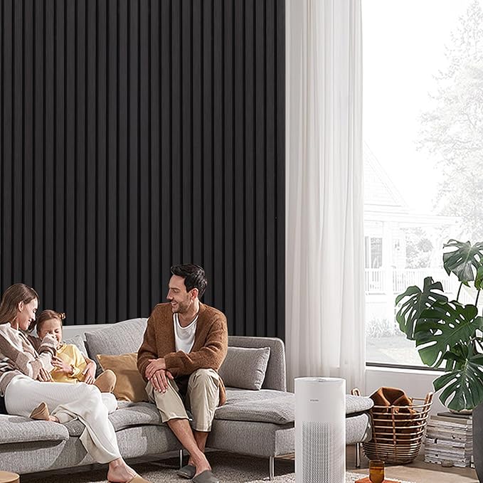 3D Slat Acoustic Wall Panels with Wood Finish Accent, 2 Pack Sound Absorbing Paneling for Studio, Office, Living Room, Bedroom Interior Decor (Matte Black, 48''L x 24''W)