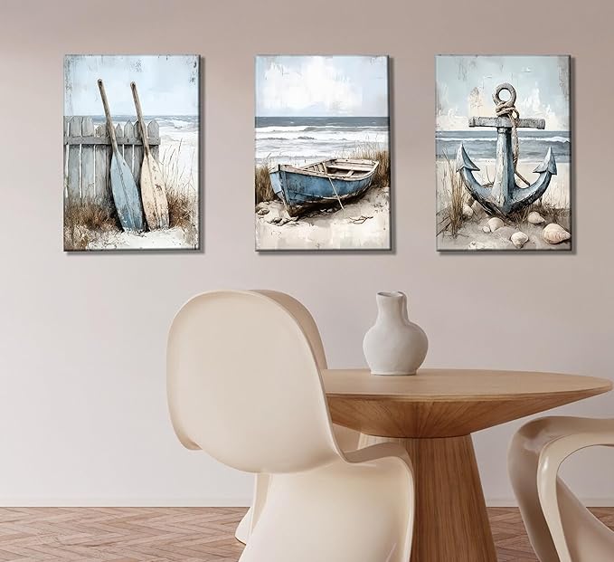 3Pcs Coastal Beach Canvas Wall Art Sailboat Paddle And Anchor Paintings Pictures Wall Decor Nautical Posters Prints Artwork Suitable for Living Room Bedroom Home Office Corridor Home Decroation