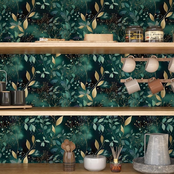 Blue Leaf Peel and Stick Wallpaper Gold Leaf Contact Paper Blue Floral Wall Mural Home Vinyl Waterproof Self Adhesive Removable Renter Friendly Wall Paper 17.5" x 78"