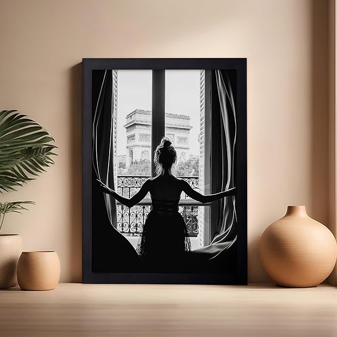 Poster Master Vintage Photograph Poster - Retro Minimalist Print - Girl In The Open Window, Black & White, Simple - Gift for Artist, Friend - Wall Decor for Living Room, Dorm, 16x20 Black Framed