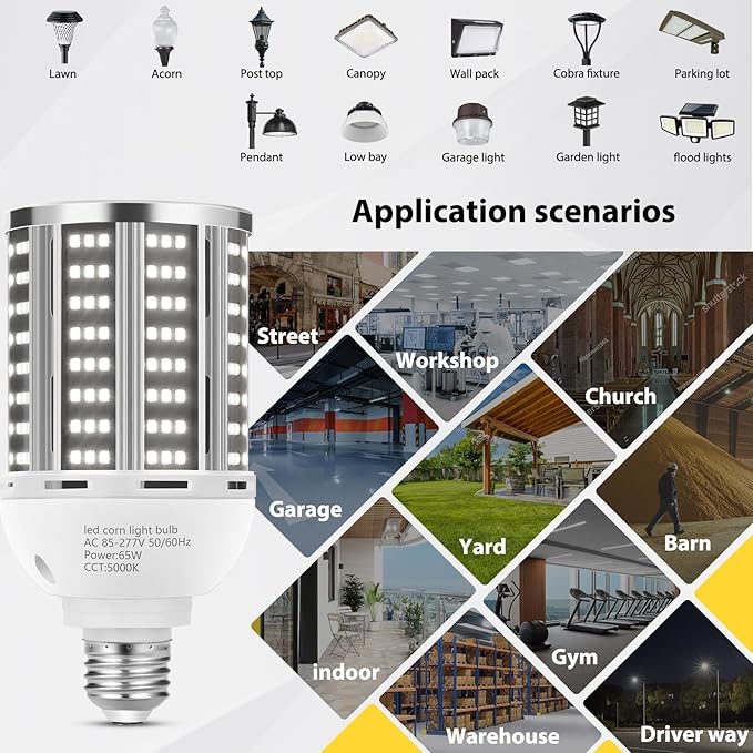65W LED Corn Light Bulb 2 pack(650W Equivalent ) ,E26/E39 Commercial Grade 7800LM Medium Daylight 5000K Mogul Base LED Lamp,Large Area Lights For Outdoor Indoor Garage Warehouse Factory Bay Light
