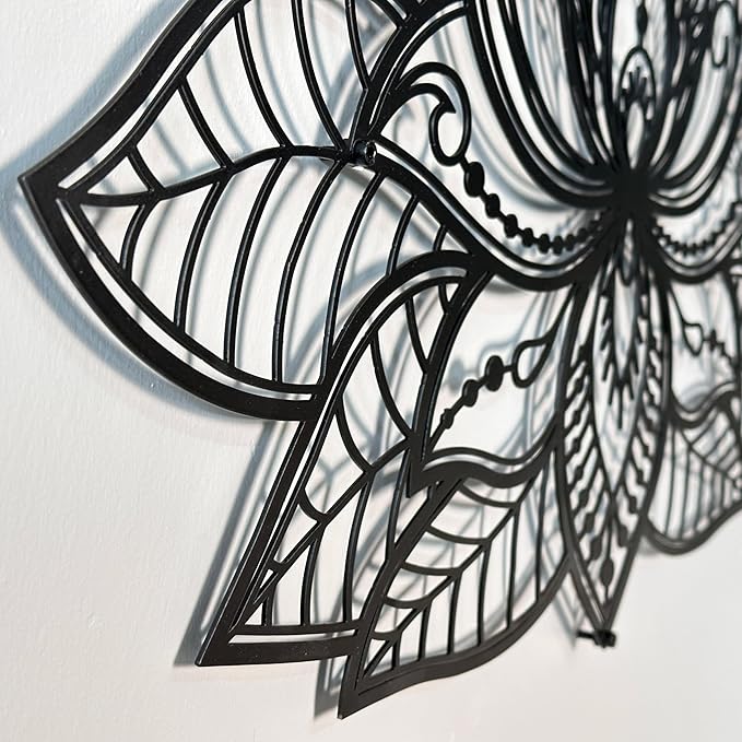 Colorfull Worlds Mandala Metal Wall Decor, Lotus Flower Meditation Room Decor, Minimalist Zen Garden Bohemian Gift for New Year (36" x 23" | 91 x 59 cm, Black)