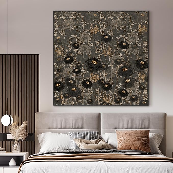 46"x46" XL Framed Wall ArtVintage Floral Pattern Dark Botanical Print with Gold Accents (Frame Assembly Required)