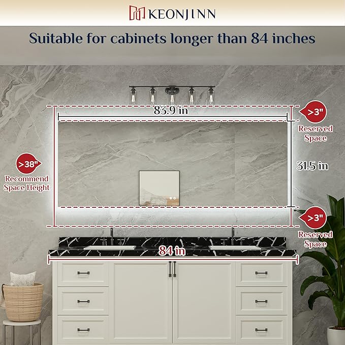Keonjinn LED Backlit Mirror 84” x 32” Oversized Lighted Bathroom Mirror with UL Listed LED Driver, Large Stepless Dimmable Wall Mirror, Tempered Glass, CRI90+ Anti Fog Vanity Mirror with Backlights