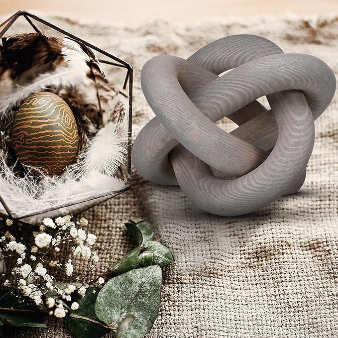 3 Link Wood Knot Decor - Hand Carved Coffee Table Decoration, Boho Chain Link Decor, Modern Shelf, Rustic Objects for Home Living Room Bedroom(Gray)