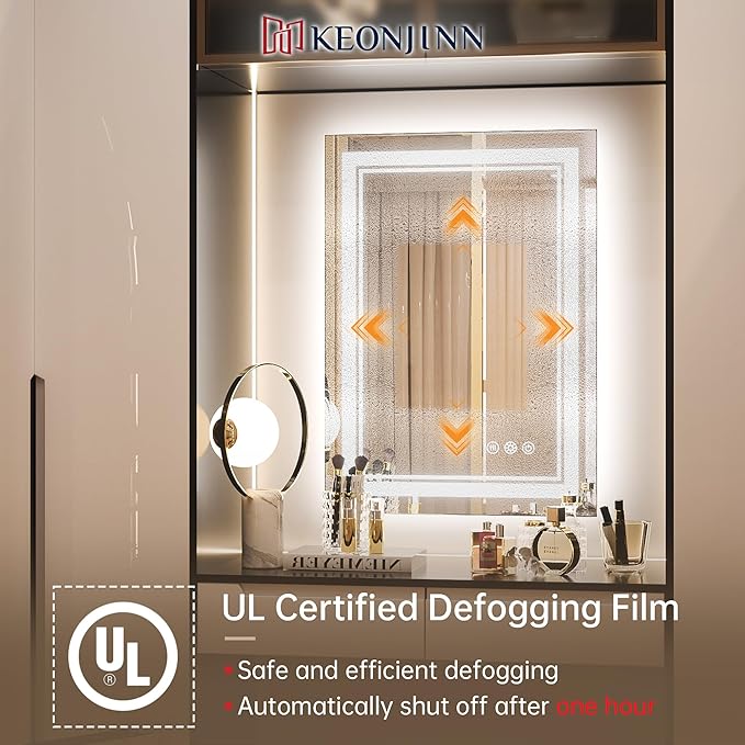 Keonjinn LED Mirror for Bathroom 20" x 28" with Frontlit and Backlit, Stepless 3 Colors Temperature & Dimmable, Double Light Strips, Tempered Glass, UL Listed LED Driver, Anti fog Frameless LED Mirror