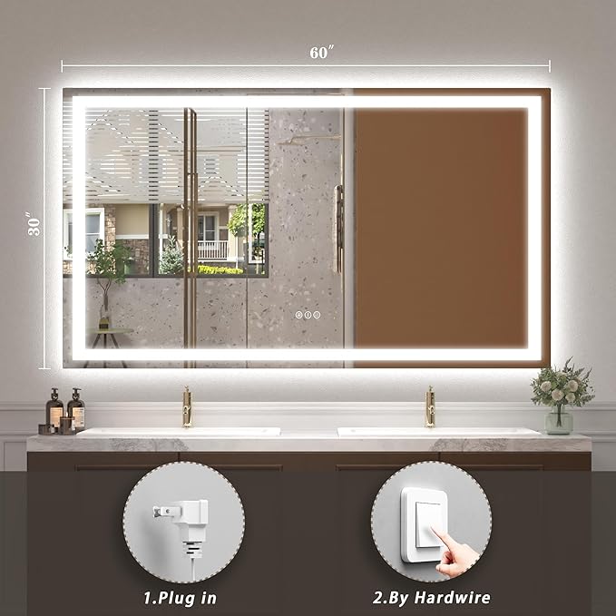 60x30 Lighted Bathroom Mirror for Wall, LED Illuminated Vanity Mirror with Lights, Dimmable, Anti-Fog, ETL Listed (Backlit and Front Lighted)