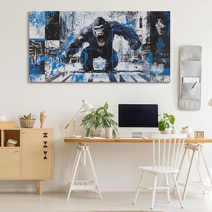 JEAWA Large Canvas Wall Art, Funny Angry Gorilla Abstract City Street Graffiti Pop Paintings Black and White Modern Picture for Living Room Bedroom Men Teenage Study Home Office Decor 24x48 IN