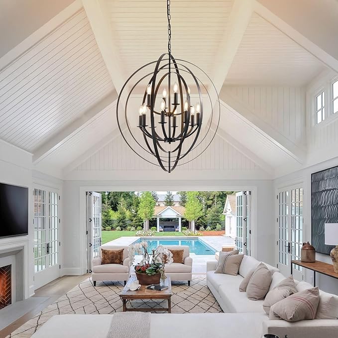 Black Chandelier, 12-Light Farmhouse Chandelier for Entryway, 31.5" Round Pendant Light Fixtures, Industrial Foyer Lighting Fixtures, Large Chandeliers for High Ceilings, for Living Room, Staircase