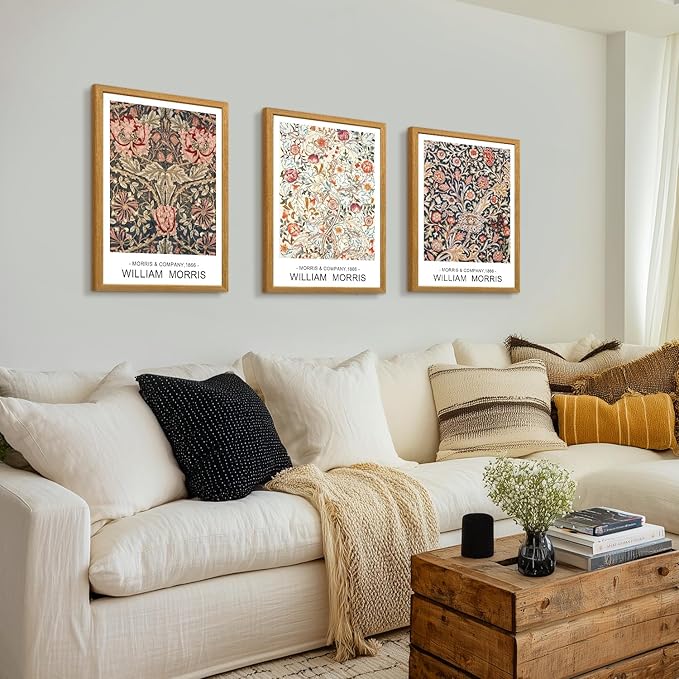 LLEEMPI William Morris Wall Art Set of 3, Vintage Botanical Wall Decor, Rustic Farmhouse Canvas Painting, Classic Minimalist Poster Prints for Bedroom Bathroom Office Wood Framed 16x24 Inch